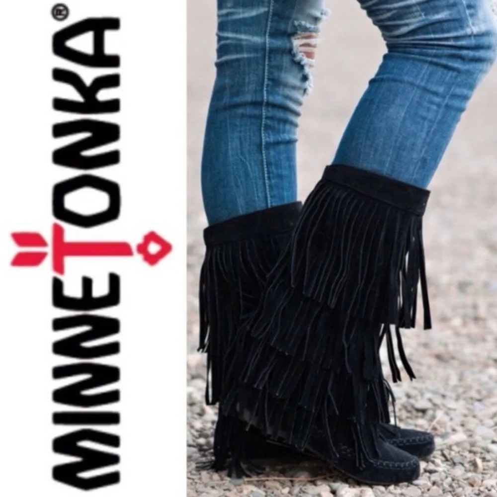 Vintage Suede Boots Black Fringe Knee High Tall Y2K Minnetonka Indian Moccasins